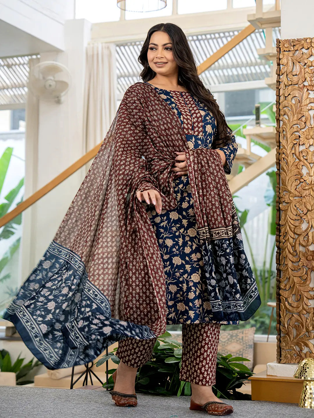 Yufta Piping On Yoke Floral Print Blue Cotton Plus Size Kurta Set With Dupatta Set | Grocsy