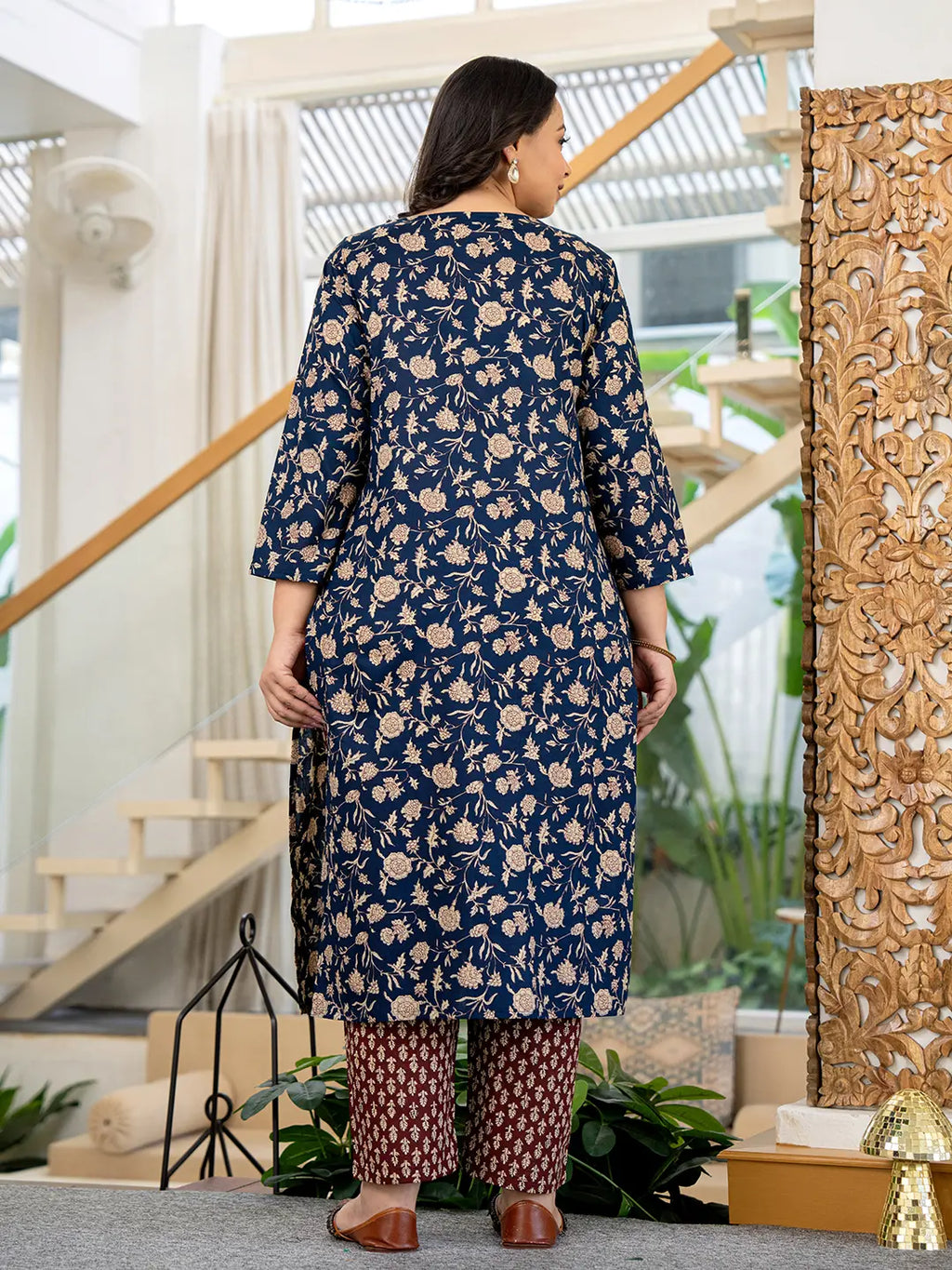 Yufta Piping On Yoke Floral Print Blue Cotton Plus Size Kurta Set With Dupatta Set | Grocsy