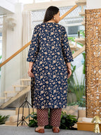 Yufta Piping On Yoke Floral Print Blue Cotton Plus Size Kurta Set With Dupatta Set | Grocsy