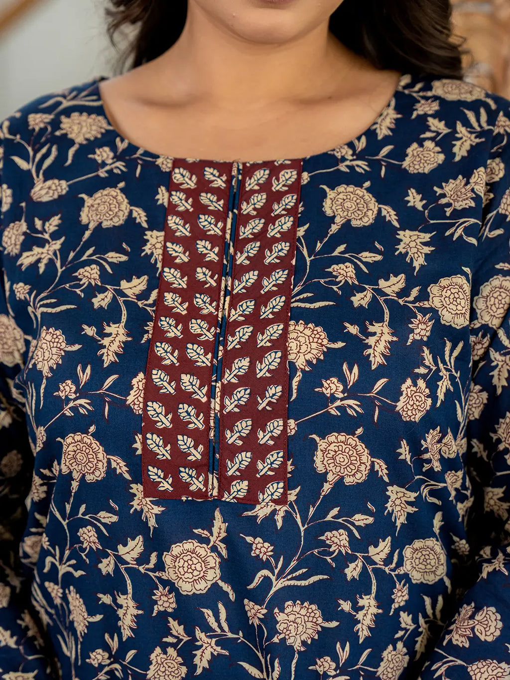 Yufta Piping On Yoke Floral Print Blue Cotton Plus Size Kurta Set With Dupatta Set | Grocsy