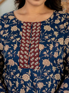 Yufta Piping On Yoke Floral Print Blue Cotton Plus Size Kurta Set With Dupatta Set | Grocsy