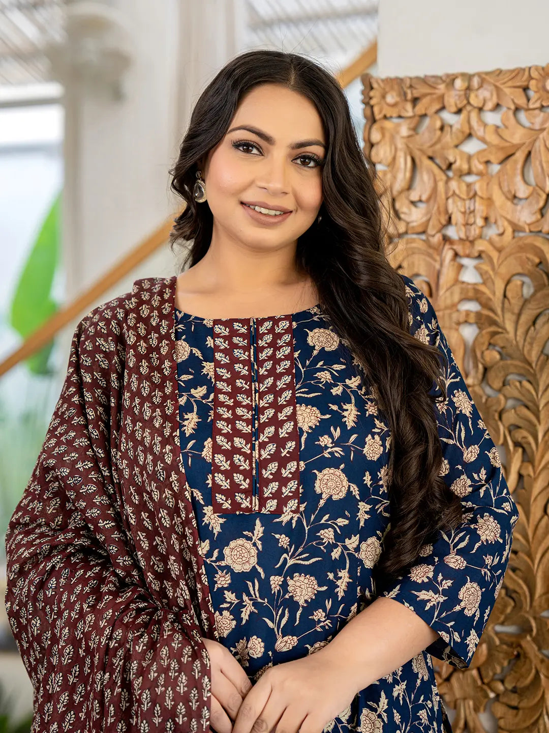 Yufta Piping On Yoke Floral Print Blue Cotton Plus Size Kurta Set With Dupatta Set | Grocsy