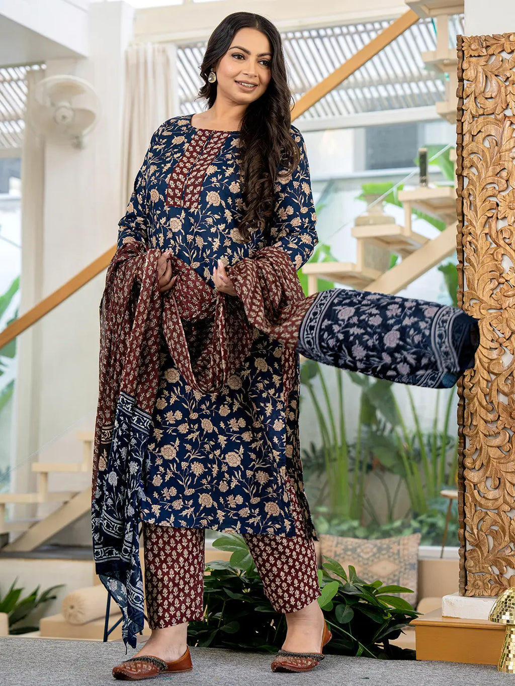 Yufta Piping On Yoke Floral Print Blue Cotton Plus Size Kurta Set With Dupatta Set | Grocsy