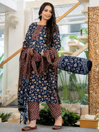 Yufta Piping On Yoke Floral Print Blue Cotton Plus Size Kurta Set With Dupatta Set | Grocsy