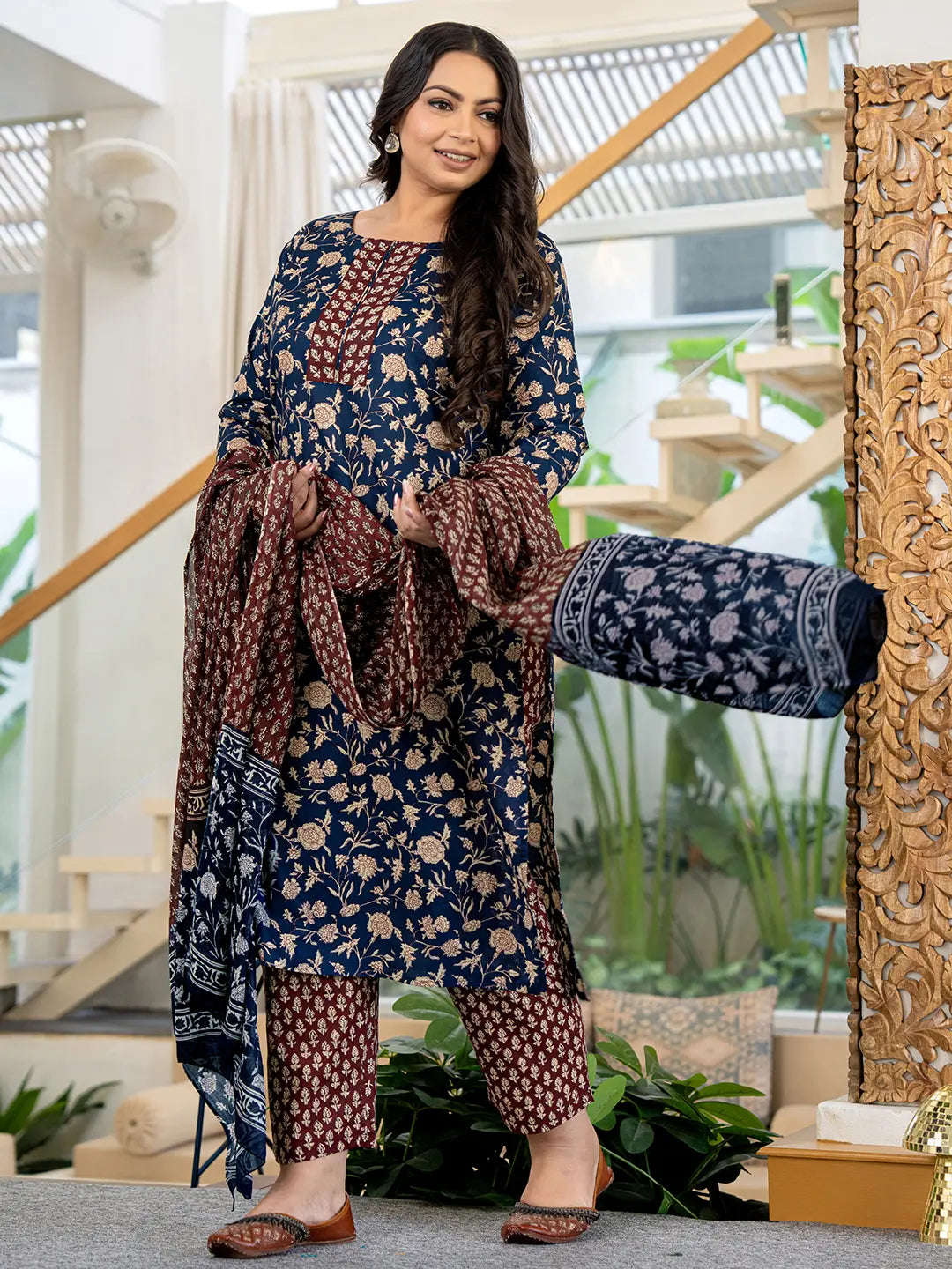 Yufta Piping On Yoke Floral Print Blue Cotton Plus Size Kurta Set With Dupatta Set | Grocsy