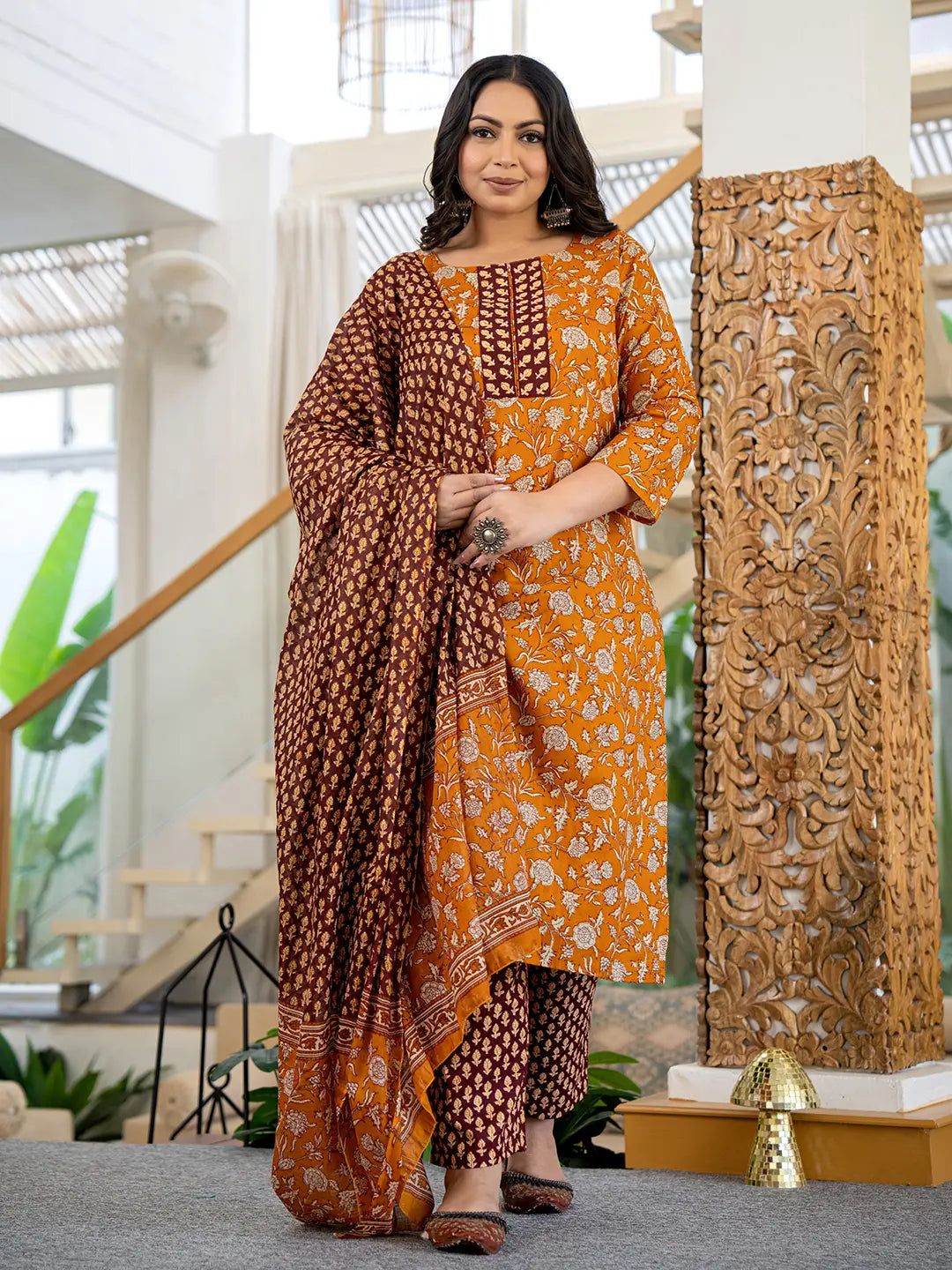 Yufta Piping On Yoke Floral Print Mustard Cotton Plus Size Kurta Set With Dupatta Set | Grocsy