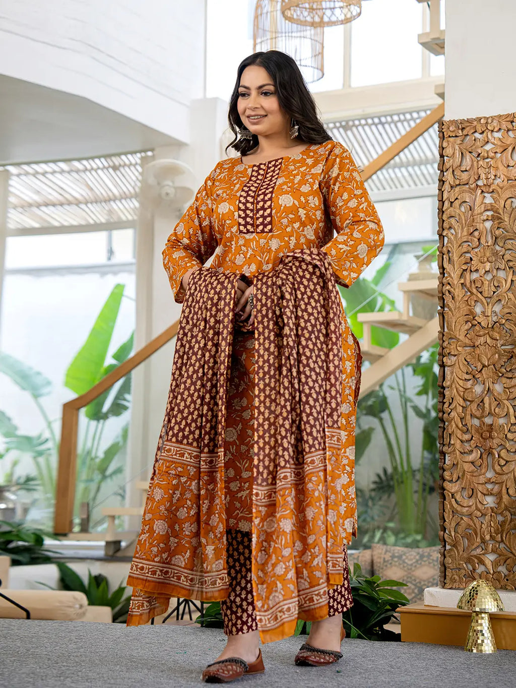 Yufta Piping On Yoke Floral Print Mustard Cotton Plus Size Kurta Set With Dupatta Set | Grocsy