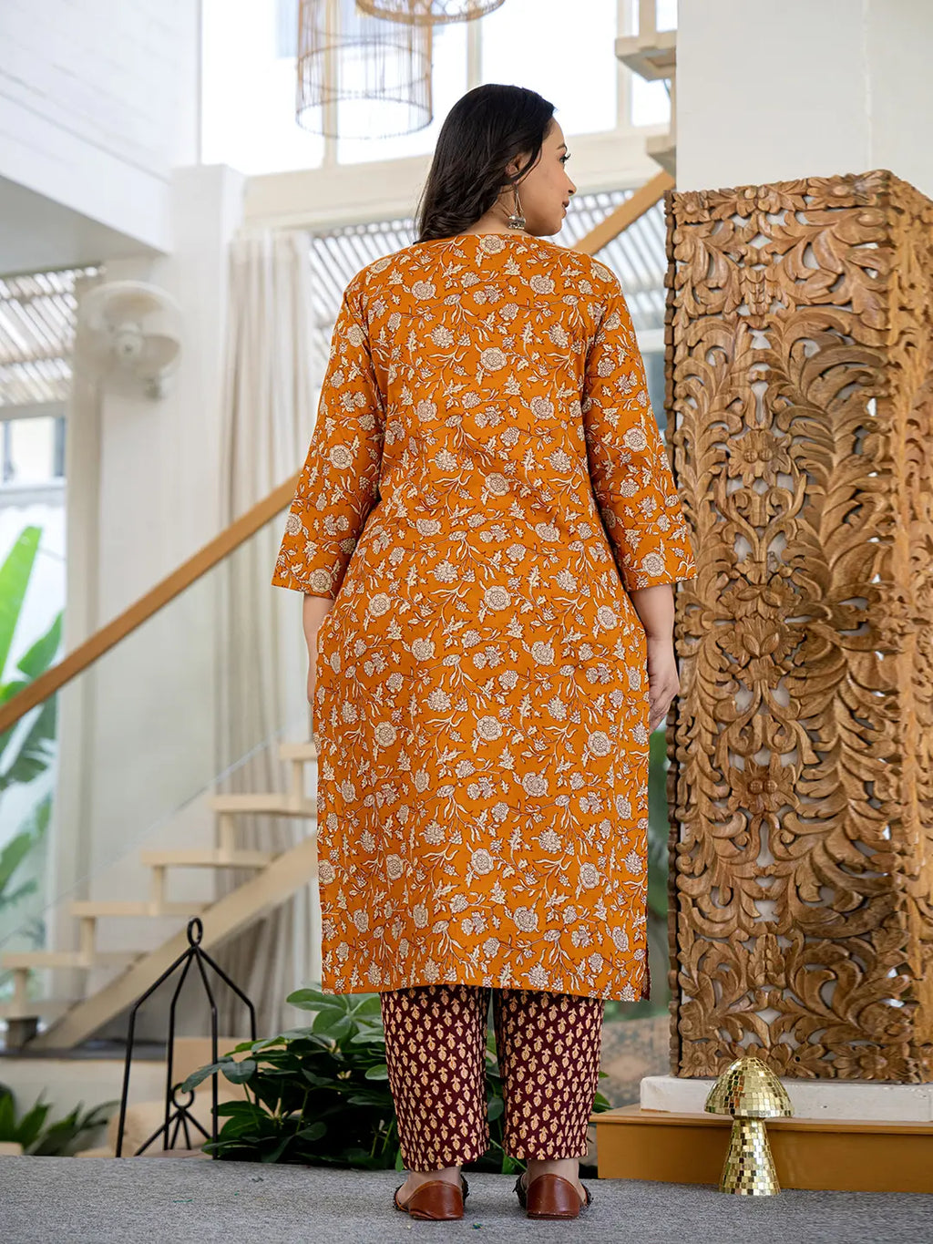 Yufta Piping On Yoke Floral Print Mustard Cotton Plus Size Kurta Set With Dupatta Set | Grocsy