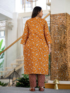 Yufta Piping On Yoke Floral Print Mustard Cotton Plus Size Kurta Set With Dupatta Set | Grocsy