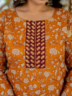 Yufta Piping On Yoke Floral Print Mustard Cotton Plus Size Kurta Set With Dupatta Set | Grocsy