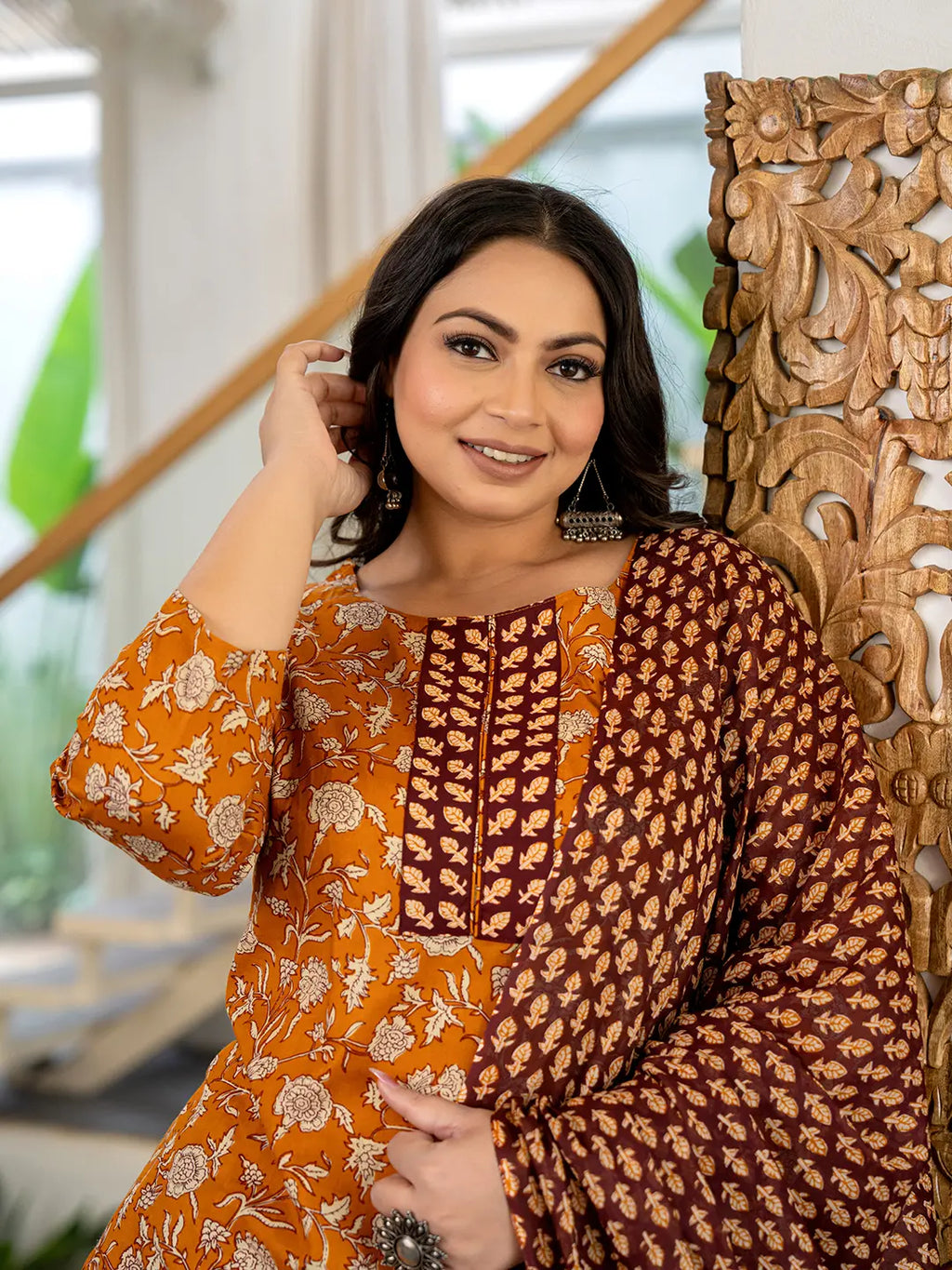 Yufta Piping On Yoke Floral Print Mustard Cotton Plus Size Kurta Set With Dupatta Set | Grocsy