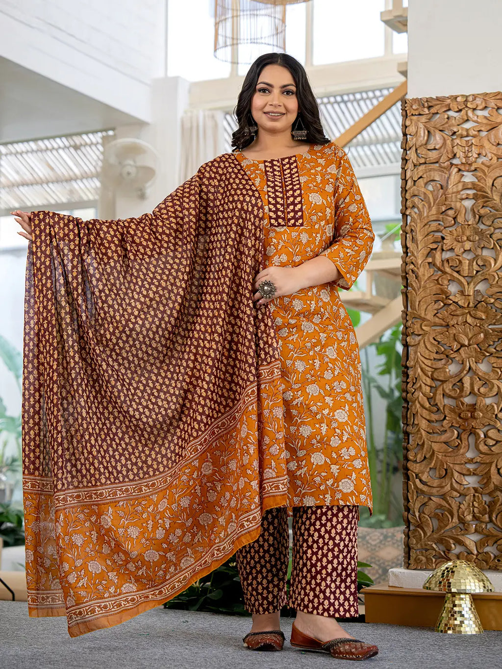 Yufta Piping On Yoke Floral Print Mustard Cotton Plus Size Kurta Set With Dupatta Set | Grocsy