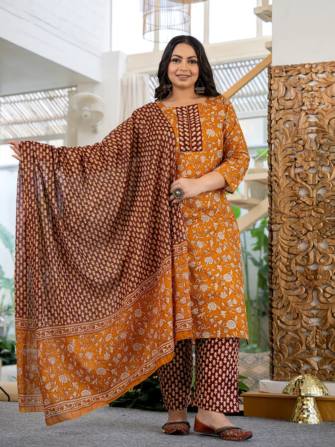 Yufta Piping On Yoke Floral Print Mustard Cotton Plus Size Kurta Set With Dupatta Set | Grocsy