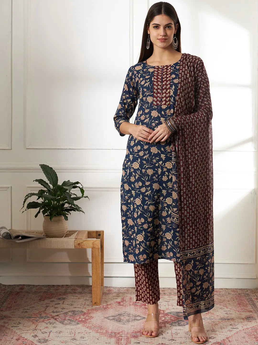 Yufta Piping On Yoke Floral Print Blue Cotton Kurta Set With Dupatta Set | Grocsy