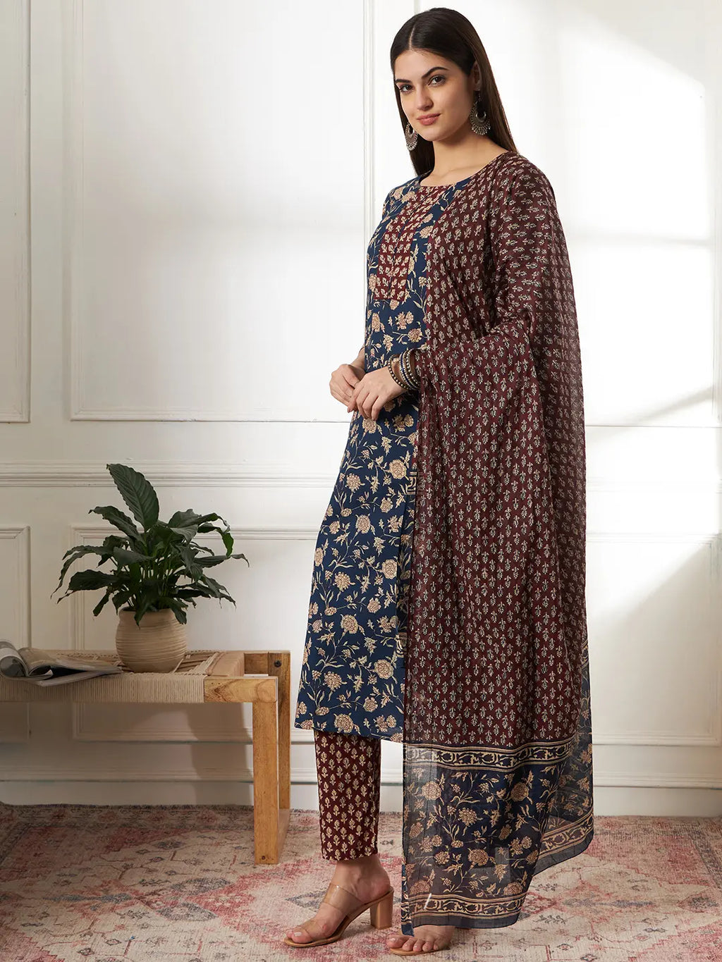 Yufta Piping On Yoke Floral Print Blue Cotton Kurta Set With Dupatta Set | Grocsy