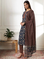Yufta Piping On Yoke Floral Print Blue Cotton Kurta Set With Dupatta Set | Grocsy