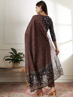 Yufta Piping On Yoke Floral Print Blue Cotton Kurta Set With Dupatta Set | Grocsy