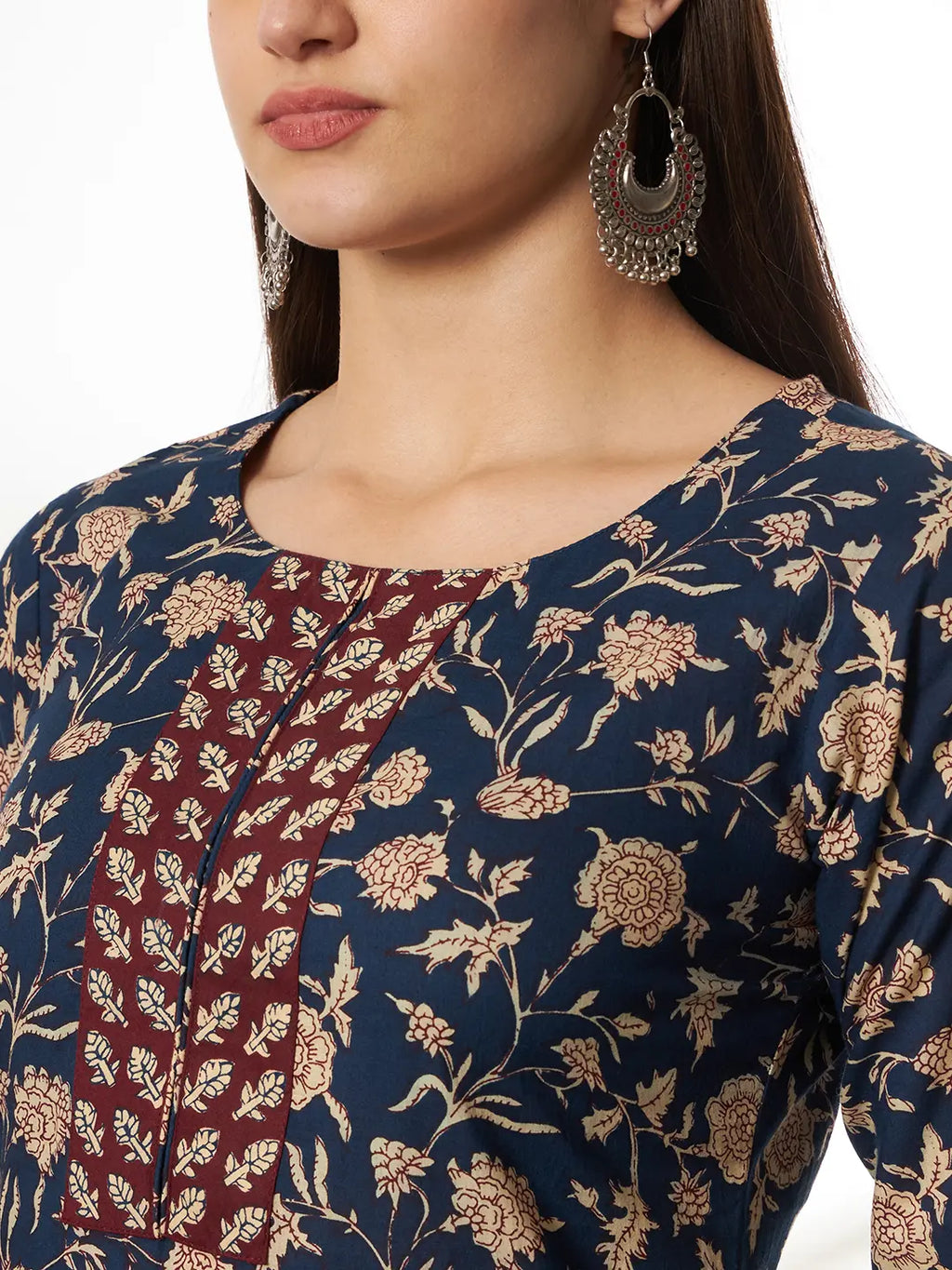 Yufta Piping On Yoke Floral Print Blue Cotton Kurta Set With Dupatta Set | Grocsy