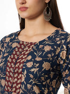Yufta Piping On Yoke Floral Print Blue Cotton Kurta Set With Dupatta Set | Grocsy