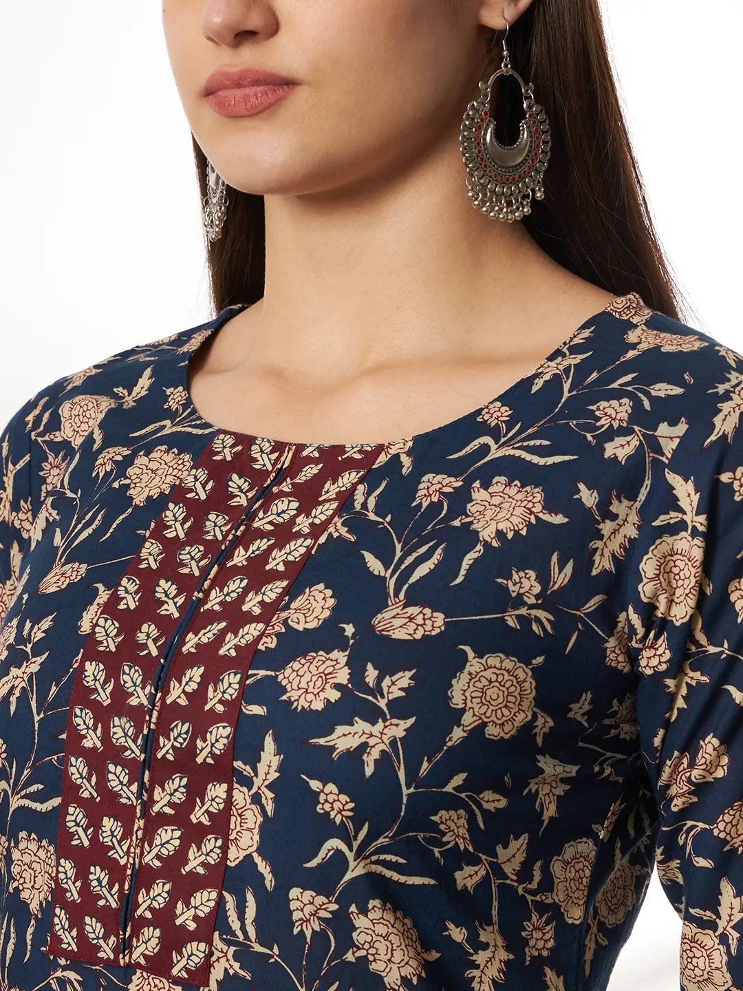 Yufta Piping On Yoke Floral Print Blue Cotton Kurta Set With Dupatta Set | Grocsy