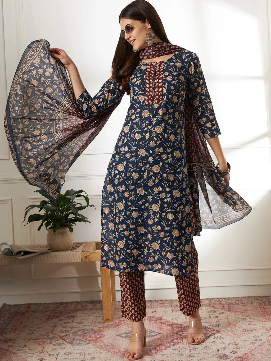 Yufta Piping On Yoke Floral Print Blue Cotton Kurta Set With Dupatta Set | Grocsy