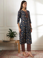 Yufta Piping On Yoke Floral Print Blue Cotton Kurta Set With Dupatta Set | Grocsy