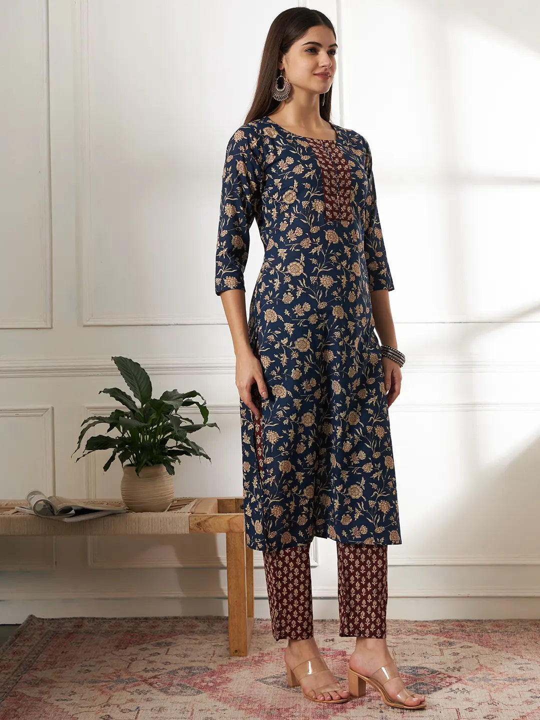 Yufta Piping On Yoke Floral Print Blue Cotton Kurta Set With Dupatta Set | Grocsy