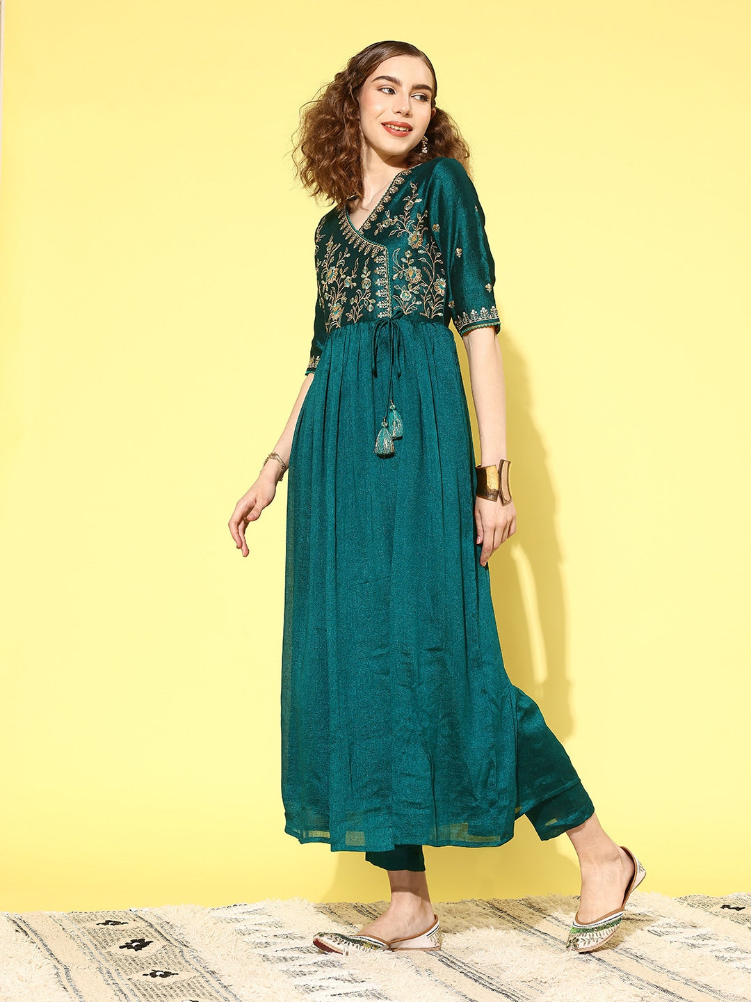 Sangria Women Floral Embroidered Angrakha Kurta with Trousers & With Dupatta | Grocsy