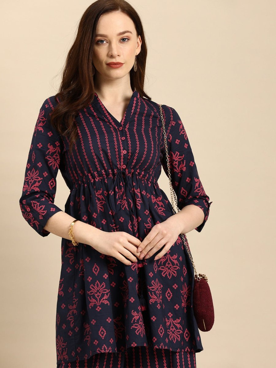 All About You Women Blue & Pink Bandhani Printed Pleated Kurti with Palazzos | Grocsy