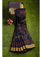 Mimosa Women's Kanchipuram Art Silk Navy Blue Saree | Grocsy