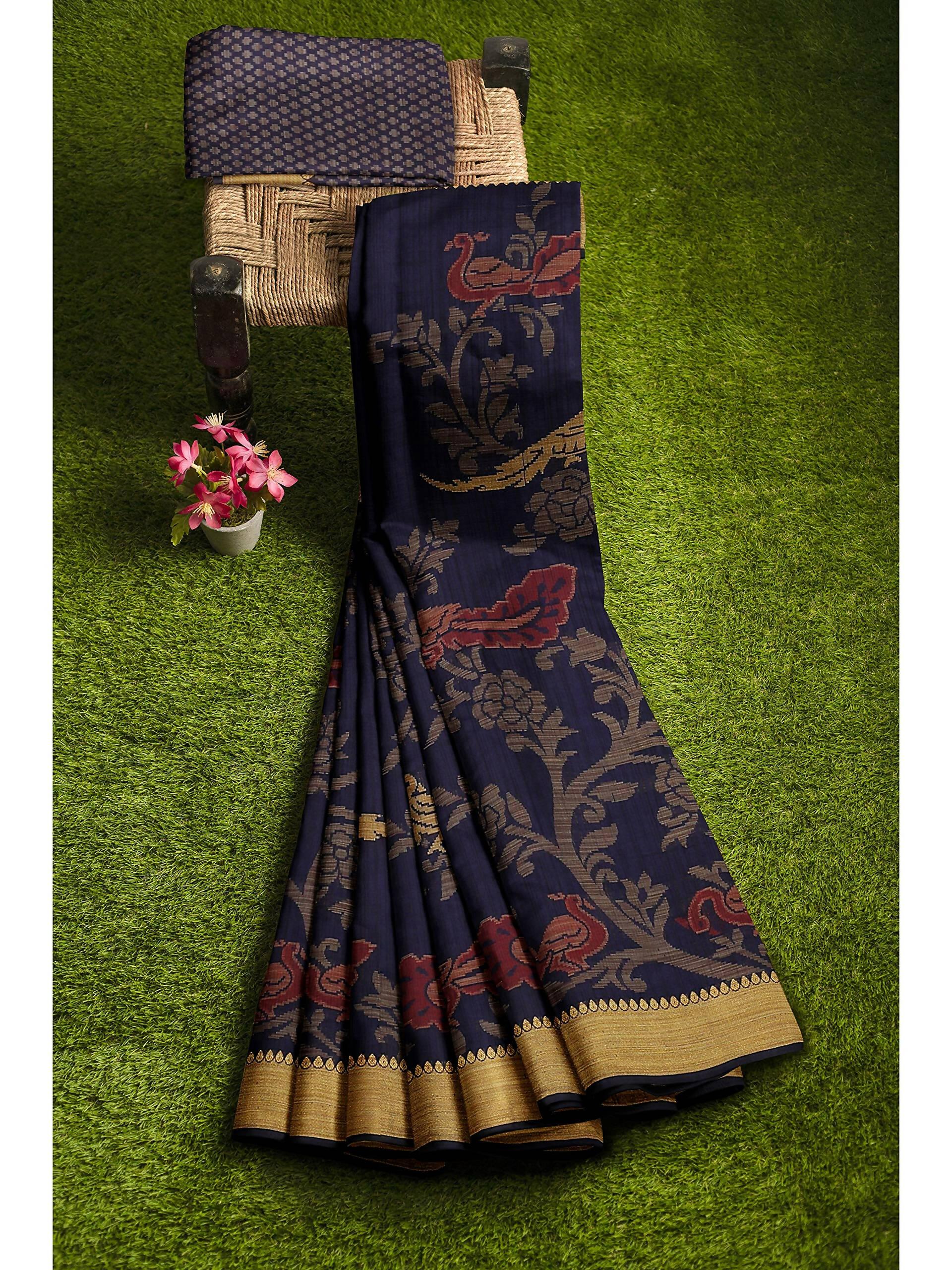 Mimosa Women's Kanchipuram Art Silk Navy Blue Saree | Grocsy