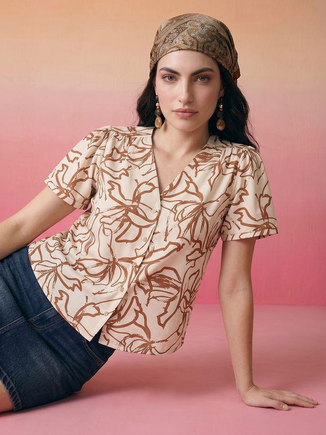 Janasya Beige Shirt Crepe Top | Grocsy