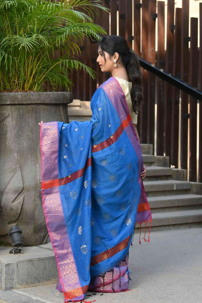Beatitude Blue Cotton Banarasi Saree | Grocsy