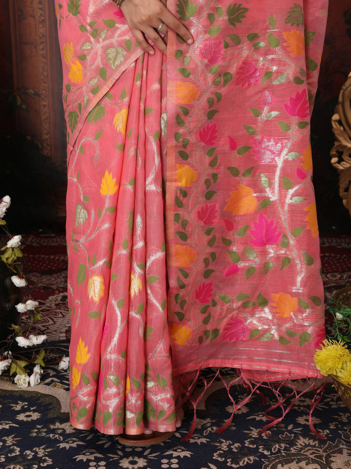 Shree Shyam Fashion Linen Cotton Pink Saree | Grocsy