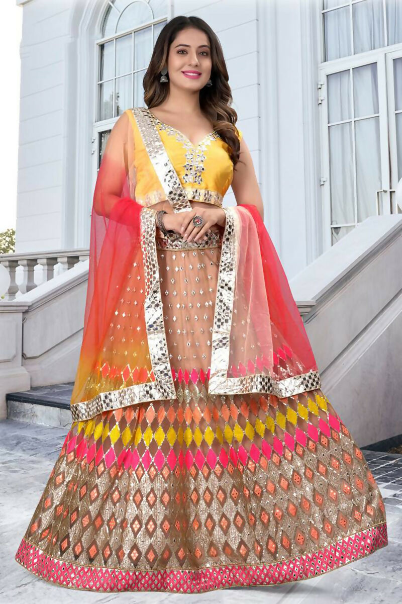 Jyoti Fashion Multicolor Mirror & Sequence Embroidery Butterfly Net Lehenga Choli with Dupatta | Grocsy