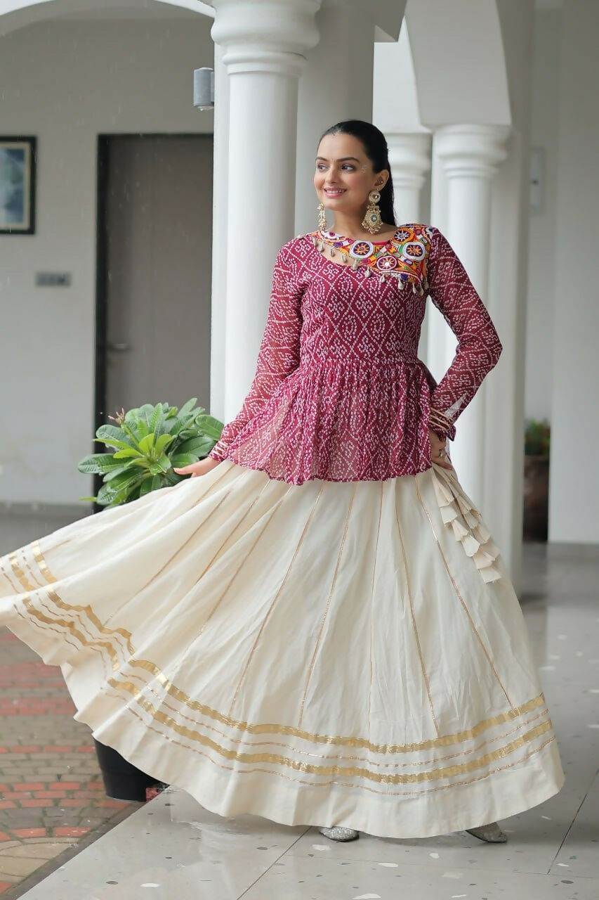 Teeya Creation Wine And White Colour Cotton Printed Navratri Lehenga Choli | Grocsy