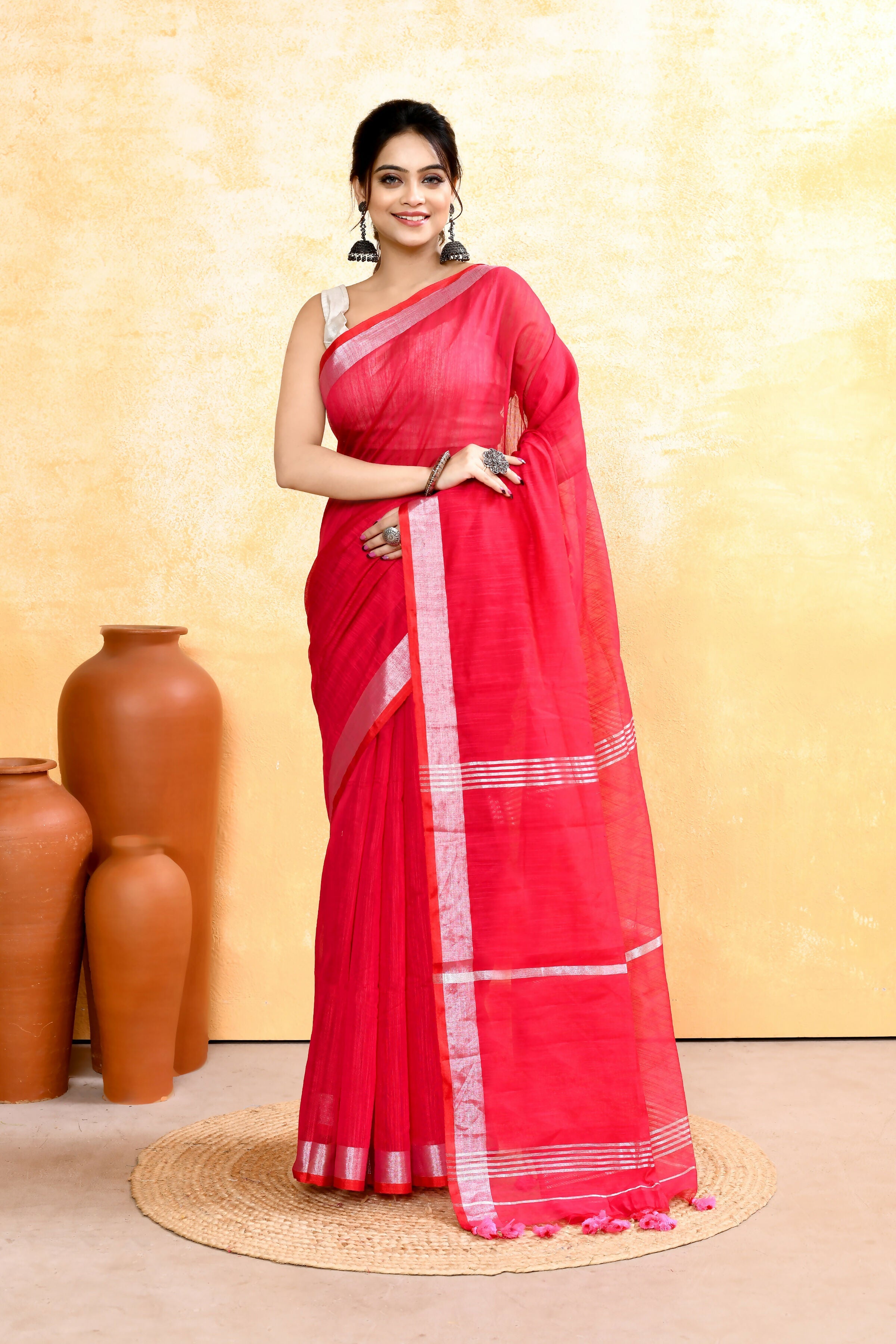 Piyari Fashion Women's Rani Pink Embellished Cotton Blend Zari Border Handloom Saree | Grocsy
