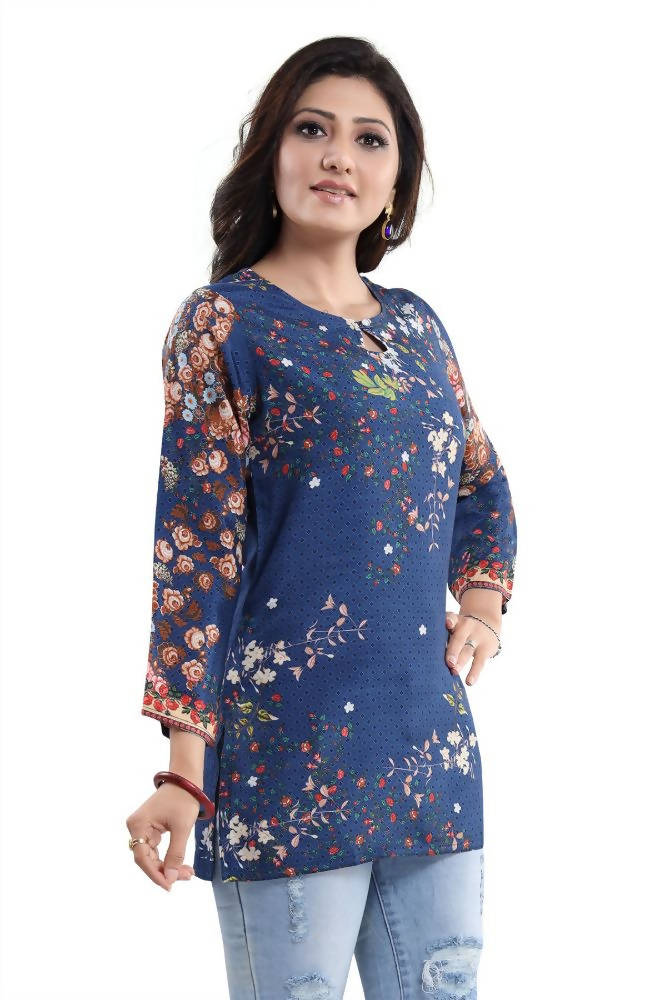 Snehal Creations Blend Well Beautiful Blue Faux Crepe Printed Tunic Top | Grocsy