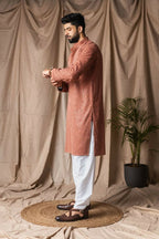 Reddish Orange Rayon Thread Embroidery Work Kurta Set - Mahotsav | Grocsy