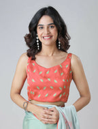 Vastranavya Mint Green & Coral Mandala Print Free Hand Ready to Wear Saree | Grocsy