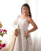 Lorenvalley Fashion White Banarasi Jacquard Dola Silk Fancy Backless Dori Pattern Anarkali Gown Pant With Dupatta | Grocsy