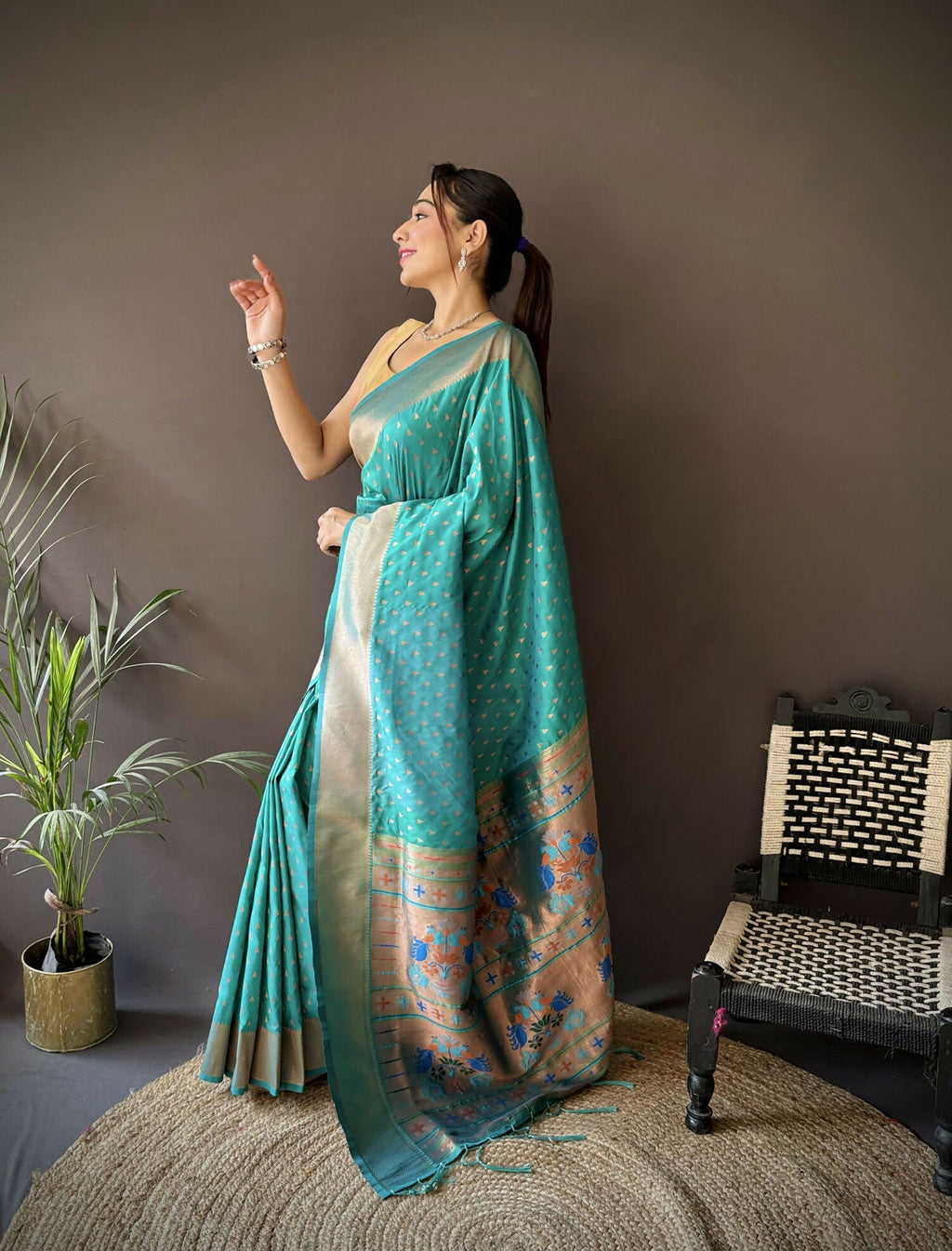 Joban Fashion Teal Green Jacquard Butti Soft Lichi Silk Paithani Saree | Grocsy