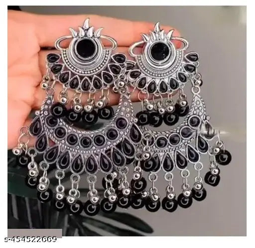 Tehzeeb Creations Women's Oxidised Earrings With Mirror And Black Pearl | Grocsy