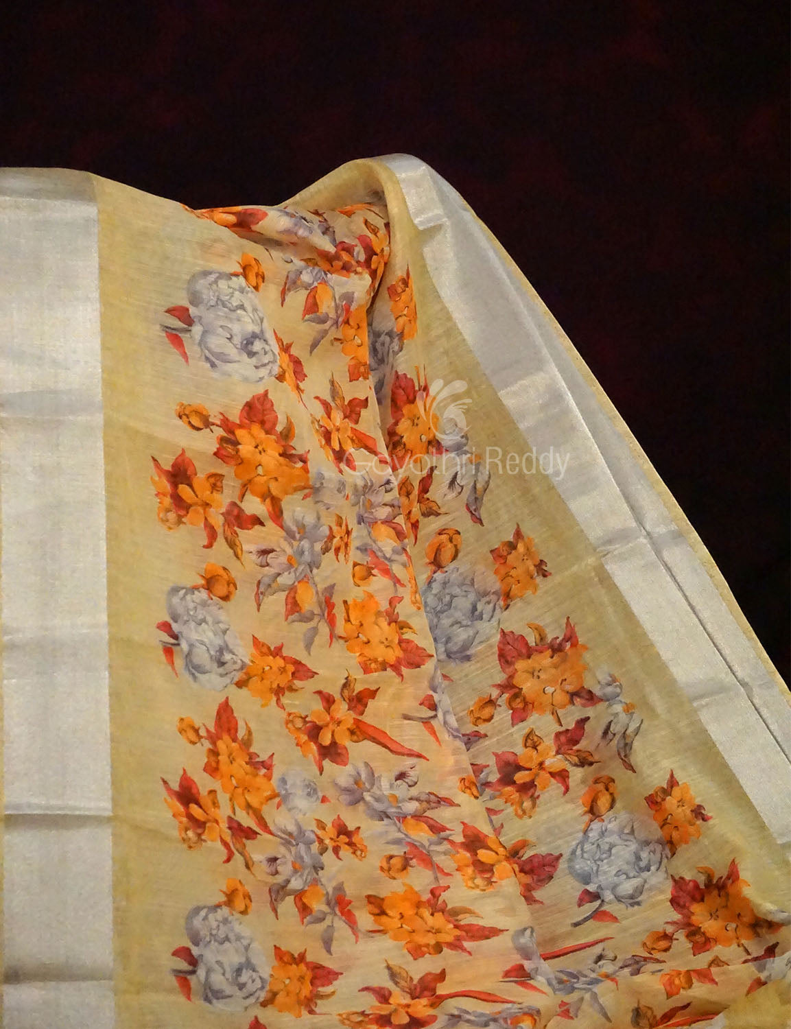 Light Beige Colour Floral Design Semi Chanderi Saree By Gayathri Reddy Designer Studio | Grocsy