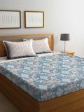 Arrabi Beige & Blue Floral 300 TC Super King Bedsheet With 2 Pillow Covers | Grocsy