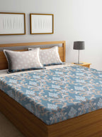 Arrabi Beige & Blue Floral 300 TC Super King Bedsheet With 2 Pillow Covers | Grocsy