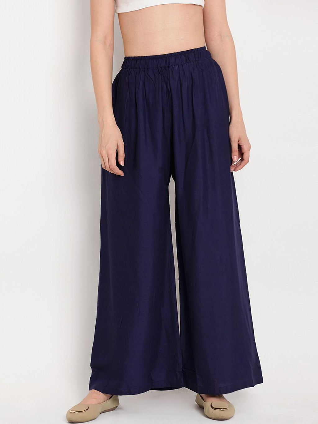 TAG 7 Women Navy Blue Solid Flared Palazzos | Grocsy