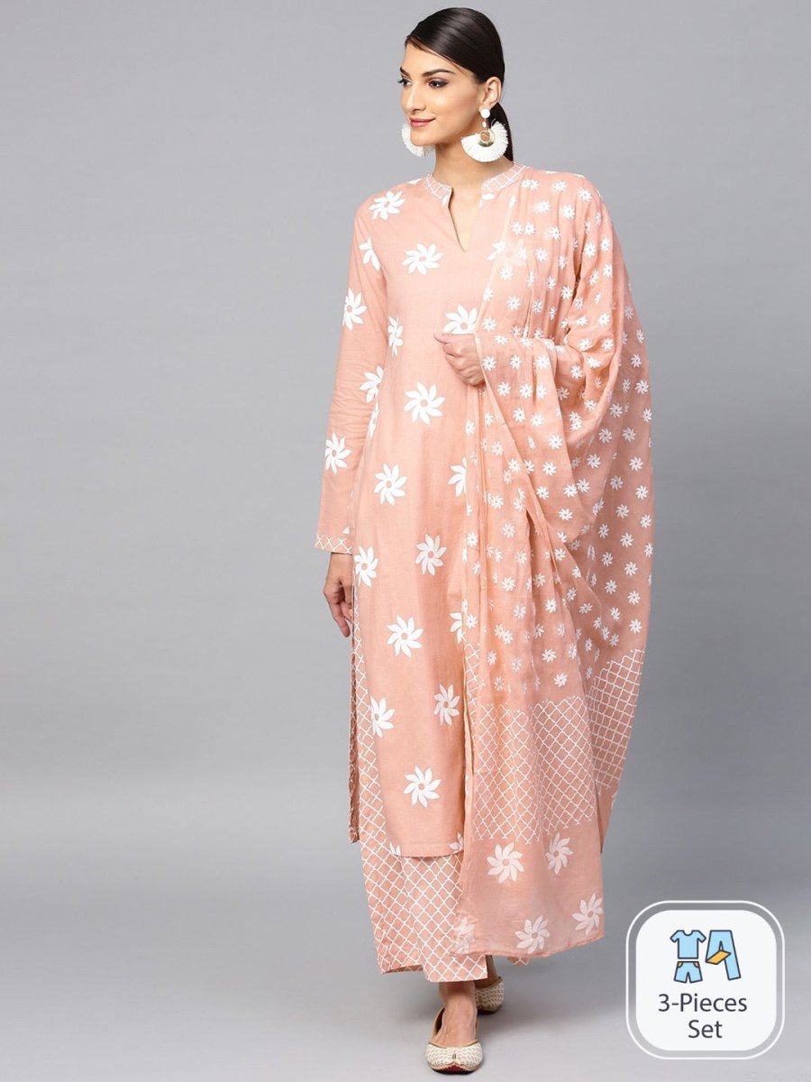 Aks Floral Printed Pure Cotton Straight Kurta With Palazzos & Dupatta | Grocsy