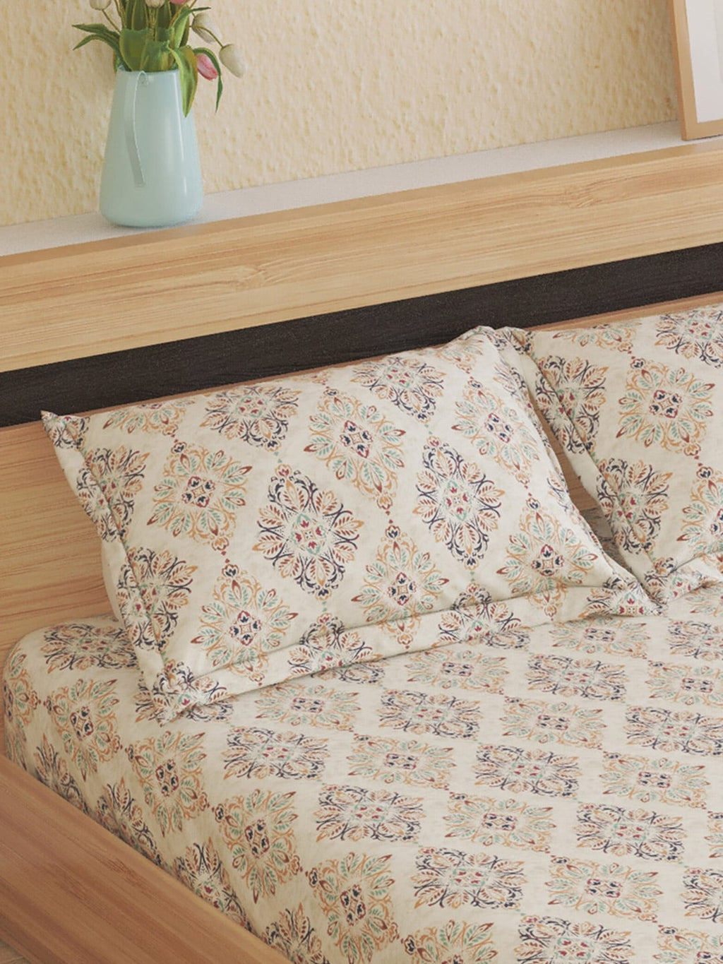 Home Centre Beige & Navy Blue Ethnic Motifs Cotton 150 TC King Bedsheet & 2 Pillow Covers | Grocsy