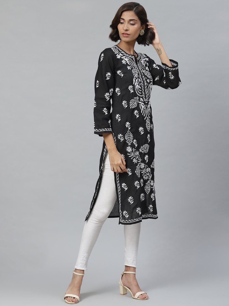 ADA Women Black & White Chikankari Embroidered Straight Sustainable Handloom Kurta | Grocsy